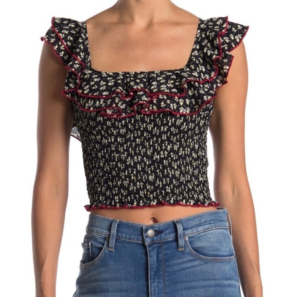 LIKELY HARLOW FLORAL RUFFLED SMOCKED CROP TOP